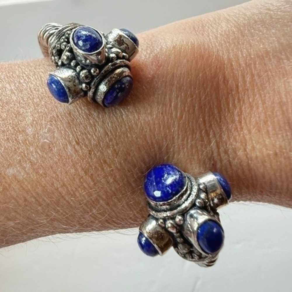 Silver Tone Blue Lapis Stone Bajalia Twisted Cuff Bracelet Statement Jewelry